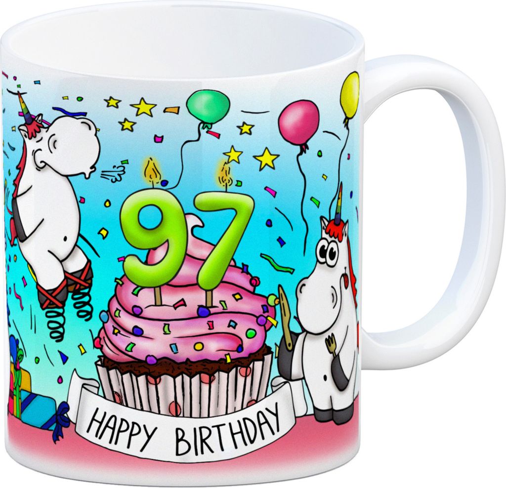 Honeycorns Tasse zum 97. Geburtstag mit Muffin und Einhorn Party Kaffeebecher