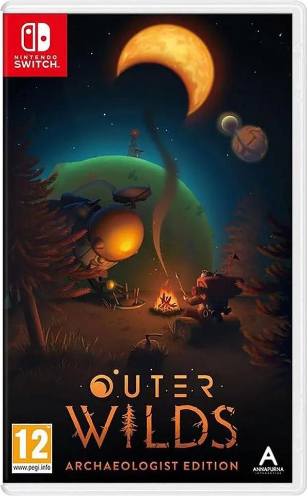 The image shows the Nintendo Switch game box for Outer Wilds: Archaeologist Edition. The cover art depicts a stylized alien landscape with a large crescent moon in the sky, a campfire, and various structures.