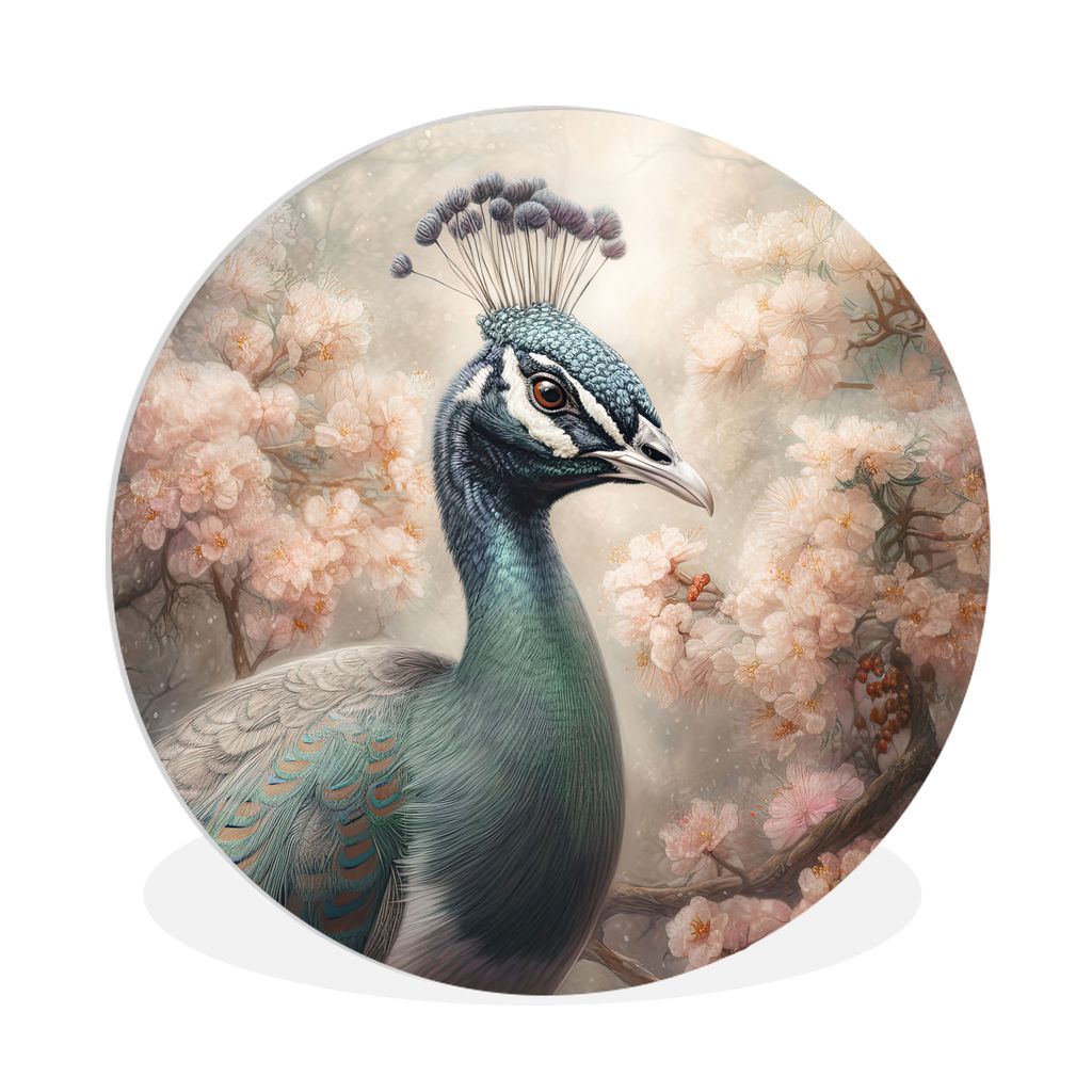 MuchoWow Rundes Wandbild - Runde Bilder Pfau - Vögel - Blumen - Baum - Botanisch Ø 90 cm Kreis Wanddekoration Kunststoff - Wandkreis - Wandschm...