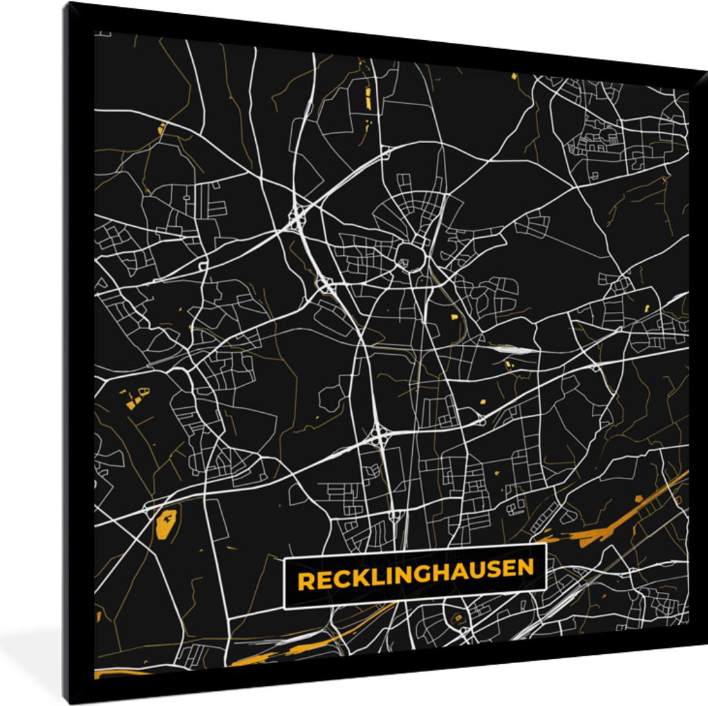 MuchoWow Gerahmtes Poster Deutschland - Schwarz und Gold - Recklinghausen - Stadtplan - Karte 40x40 cm - Poster mit Schwarzem Bilderrahmen Wandpo...