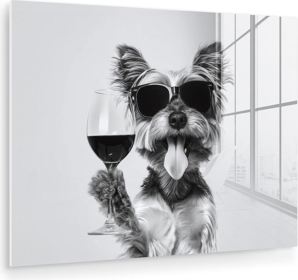 MuchoWow Glasbilder - Bilder auf Wandbild - Foto auf Glas Hund - Weinglas - Sonnenbrille - Enthusiastisch 80x60 cm Wanddekoration aus Glas - Acrylg...