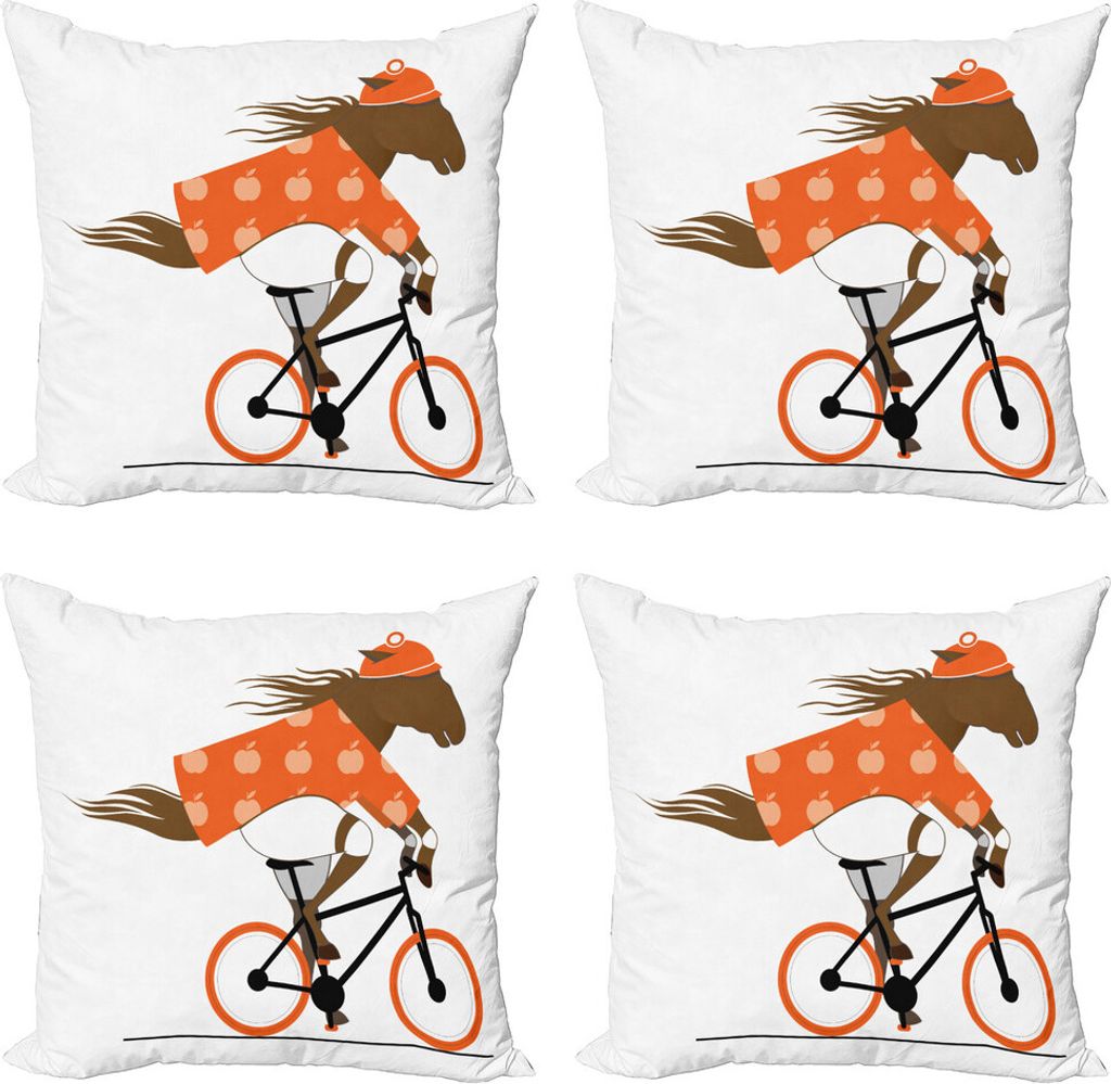 ABAKUHAUS Pferd Kissenbezug Set (4 Stück), Hipster Reiten Fahrrad, Moderner Doppelseitiger Digitaldruck, 60 cm x 60 cm, Braun Orange Schwarz