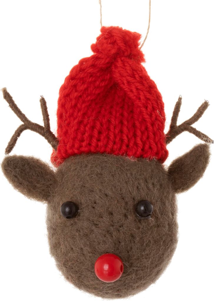 Sass & Belle Christbaumschmuck Anhänger Rudolph das Rentier aus Filz mit Wollmütze - 9 x 9 cm
