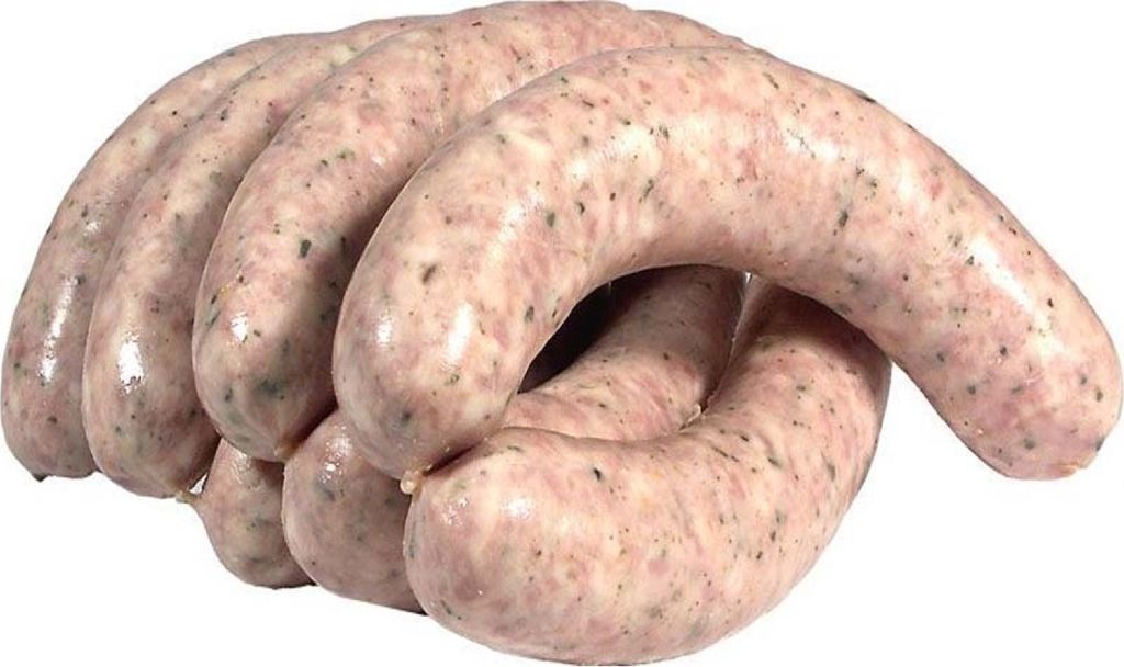 A close-up studio shot of several raw sausages.