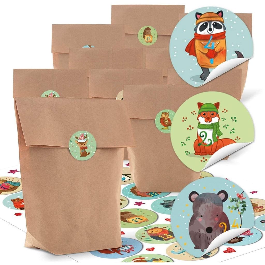 24 kleine braune Papier-Tüten natur Kraftpapier 16,5 x 26 x 6,6 cm + 1 bis 24 Zahlen Aufkleber Advent Winter-Tiere bunt basteln be-füllen Advents...