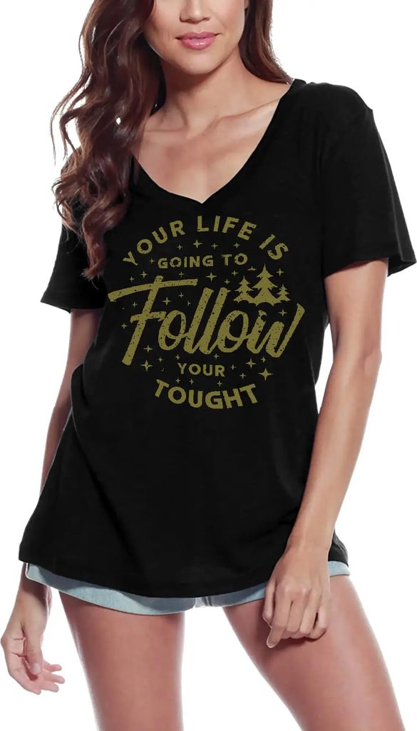 Damen Grafik T-Shirt V-Ausschnitt Das Leben wird der Herausforderung folgen – Life Is Going To Follow Tought – Öko-Verantwortlich Vintage Jahr...
