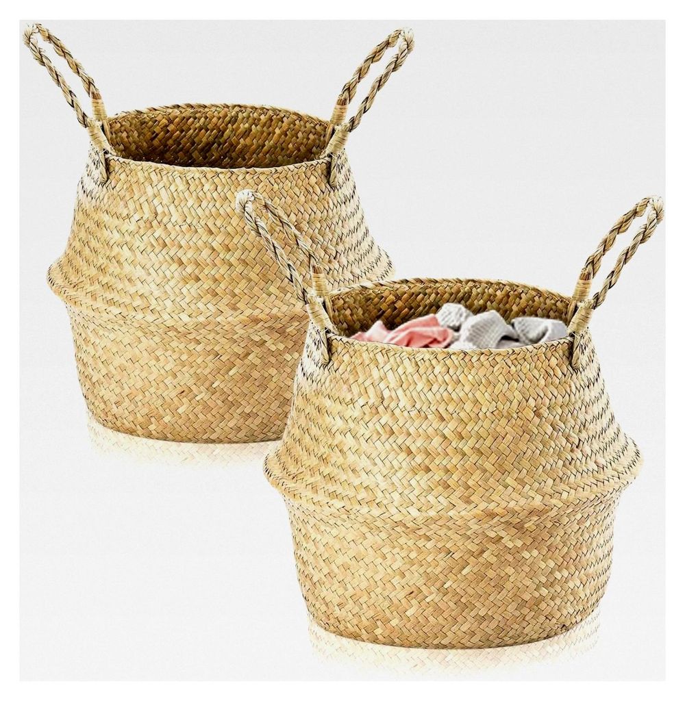 2 Stück runder Seegraskorb mit Henkel, gewebter Korb für Pflanzen, Spielzeug und Aufbewahrung (L: 32x28cm)