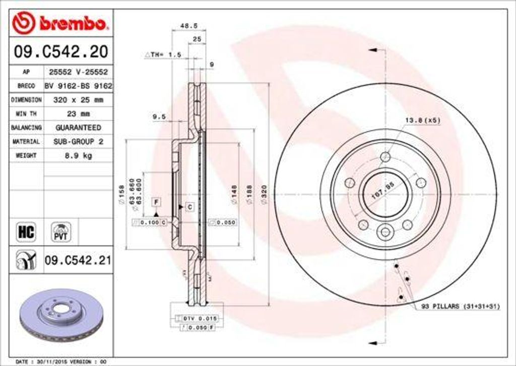 BREMBO 09.C542.21 Bremsscheibe OE 31329122 kompatibel mit V50, V40, S40, C70