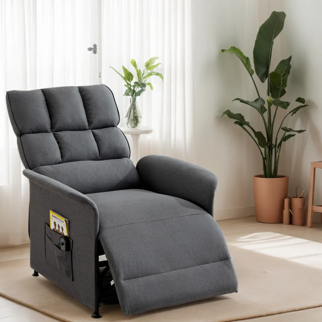 Fauteuil relax confortable gris, dossier réglable et commande électrique