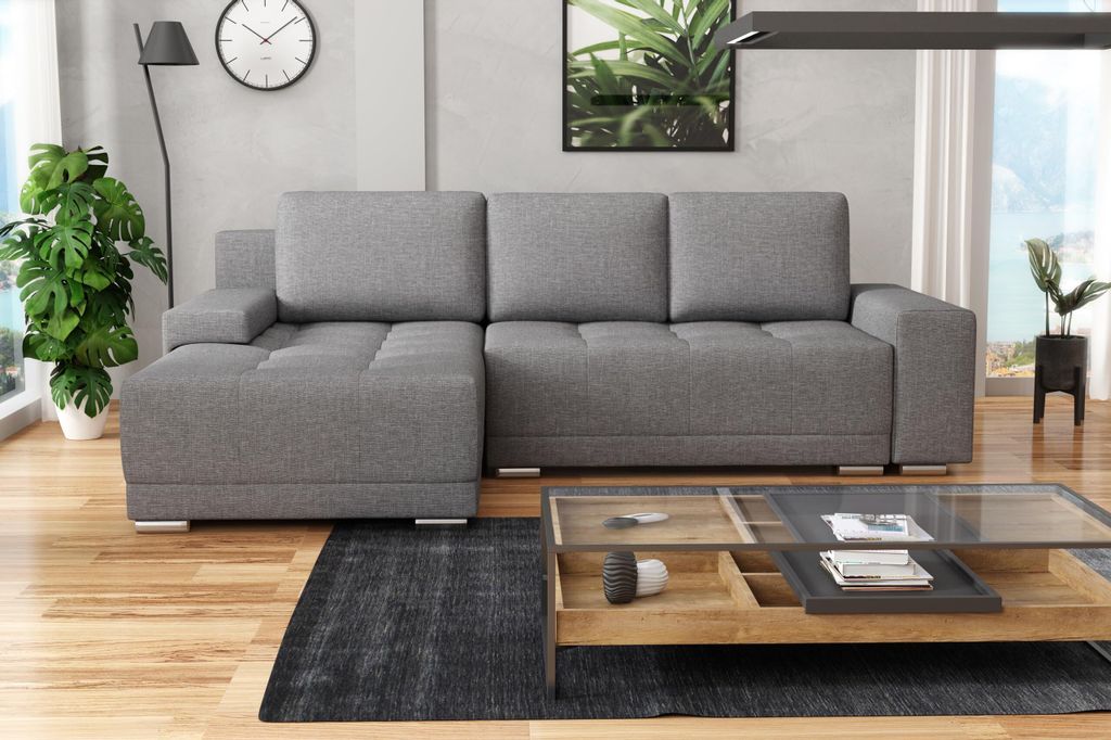 MEBLE LUX Ecksofa DAVID mit Schlaffunktion & Bettkasten – Federkern, universell links/rechts, Stoff Hellgrau