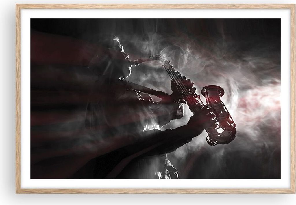 Gerahmtes Poster - Rahmen in heller Eiche - Musiker Saxophonist Schwarz - 91,5x61 cm - Wand Bild - Wanddeko - Wandbilder - Wandposter - Bilderrahme...