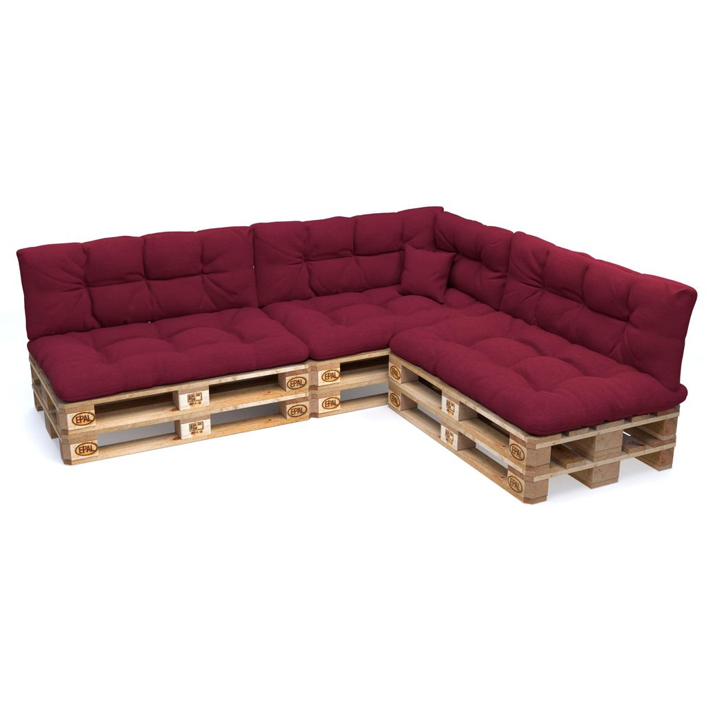 A sectional sofa made of wooden pallets with dark red cushions, shown against a white background.