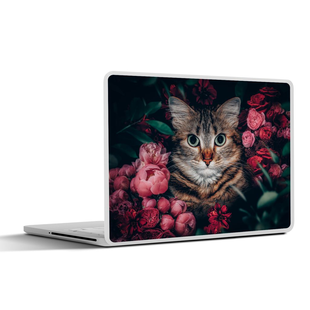 MuchoWow Laptop Aufkleber Sticker Cover Katze - Blumen - Tiere - Botanisch 36.5x27.5 cm - Laptop-Sticker