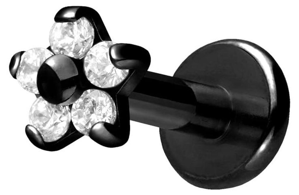 Ohrpiercing, Nasenpiercing Titan Labret mit Innengewinde BLUME MIT 5 KRISTALLEN Schwarz Stablänge: 6mm | Stabstärke: 1,6mm