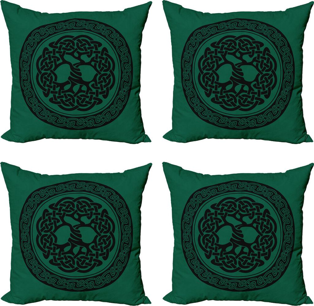 ABAKUHAUS keltisch Kissenbezug Set (4 Stück), Baum des Lebens Muster, Moderner Doppelseitiger Digitaldruck, 40 cm x 40 cm, Forest Green Schwarz