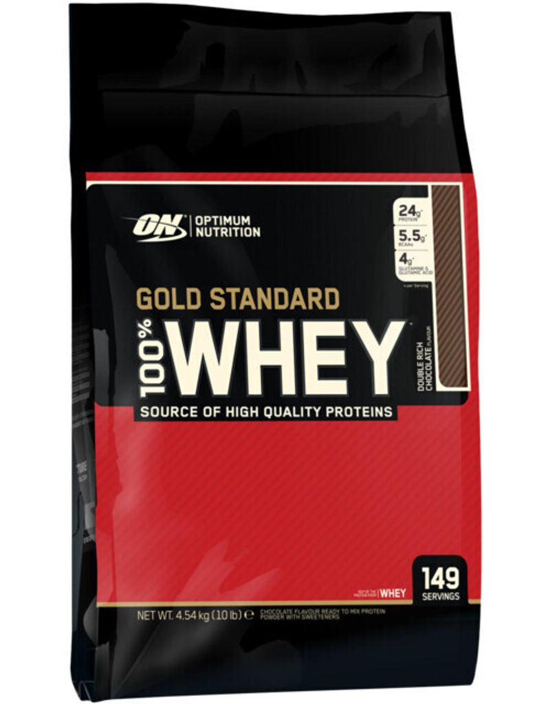 A black bag of Optimum Nutrition Gold Standard 100% Whey protein powder in Double Rich Chocolate flavor.