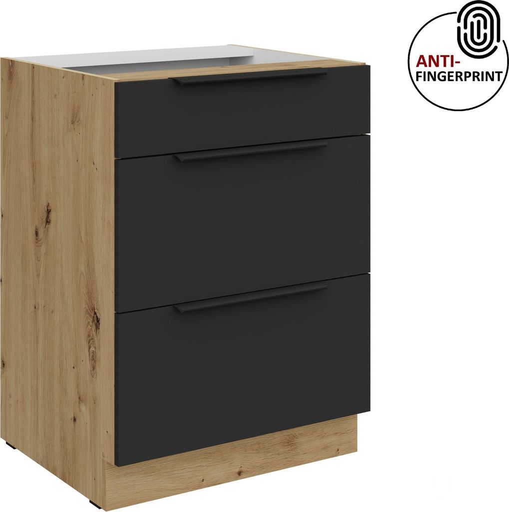 Küchen Unterschrank 60 cm Küche ARIA Schwarz ultra matt + Eiche Artisan matt, hochwertige Fronten mit Anti Fingerprint Beschichtung, Soft-Close K...