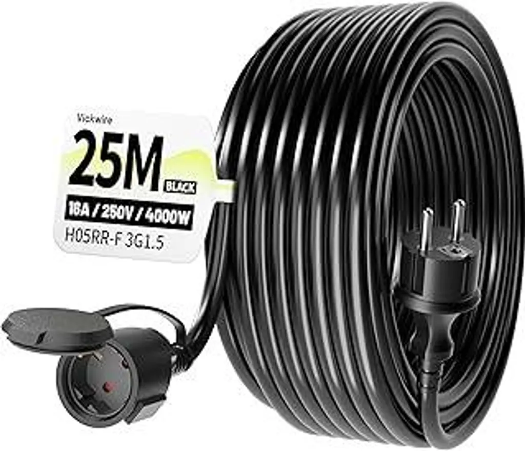 Cavo di prolunga esterno, cavo in gomma da 25 m con spina di sicurezza Schuko, cavo esterno con cappuccio protettivo, 16 A/250 V, nero, H05RR-F 3G 1,5 mm², IP44