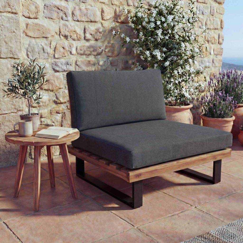 Lounge-Sessel MCW-H54, Garten-Sessel, Spun Poly Akazie Holz MVG- Aluminium braun, Polster dunkelgrau