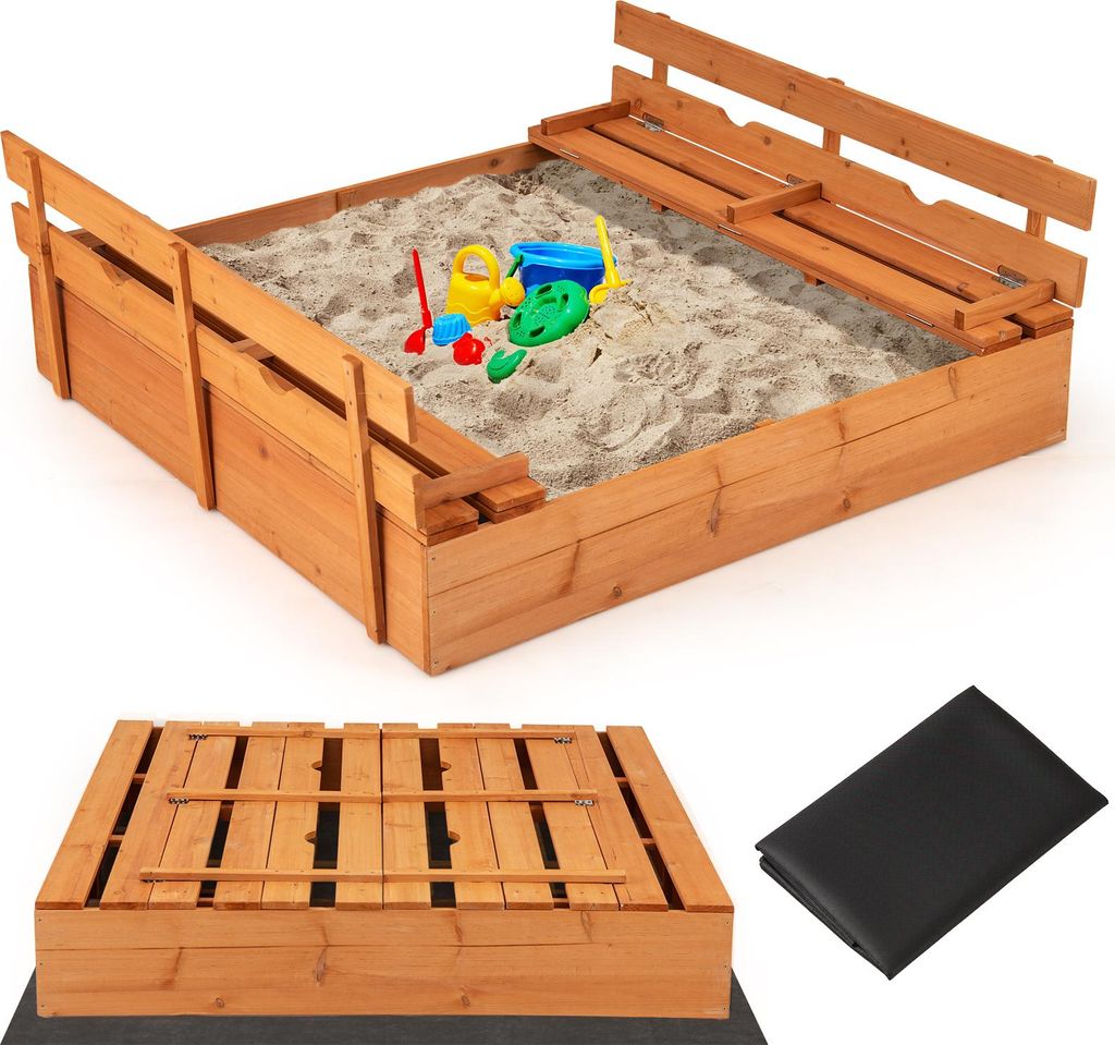 GOPLUS Sandkasten Kinder, Sandkiste mit klappbaren Sitzbänken, Kinder Sandbox aus Tannenholz, Kindersandkiste mit Bodenplane, Natur