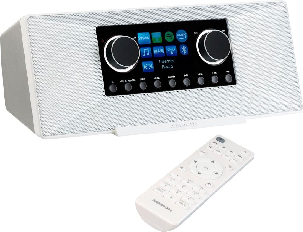 A white internet radio and its remote control are displayed on a white background.