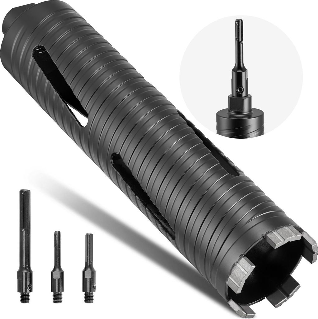 Diamantbohrkrone - Trocken-Kernbohrer - Ø 64 mm - Bohrtiefe 241 mm - M16 Innengewinde - 3 Adapter + Pilotbohrer + Sechskantschlüssel - Für Stahl...