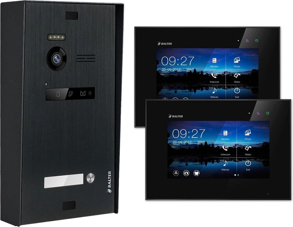 BALTER EVO Aufputz Schwarz 2-Draht BUS 2x 7" Monitor Schwarz Video Türsprechanlage Set 1 Familienhaus