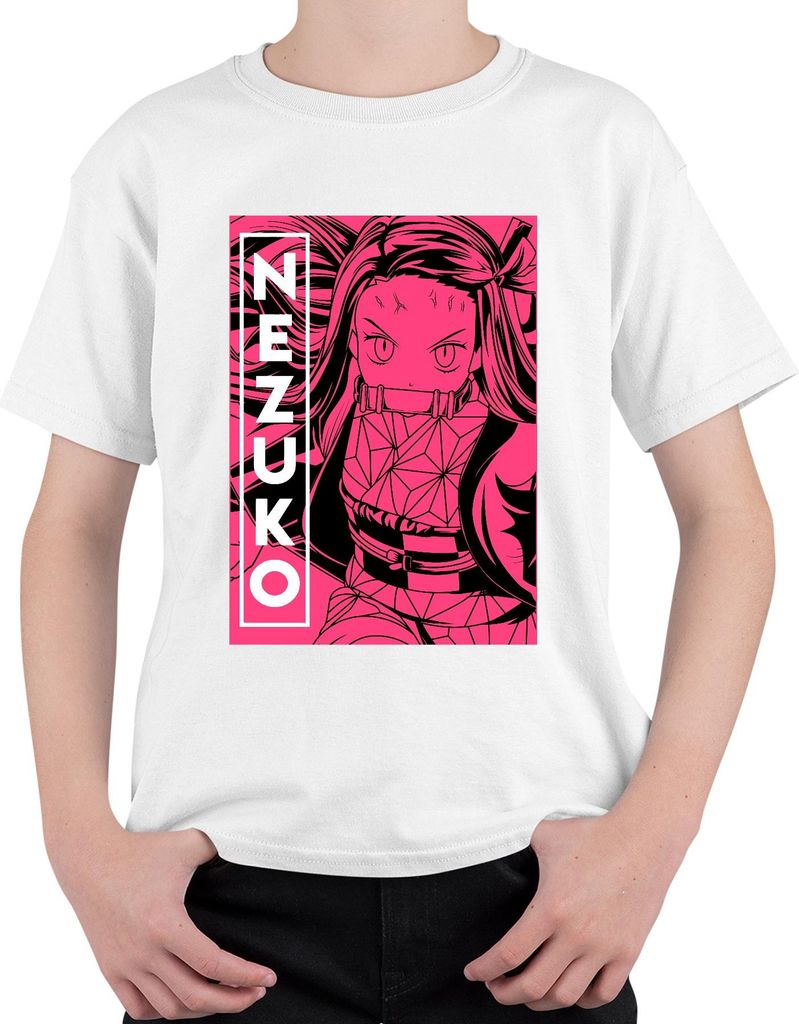 Nezuko Demon Slayer Kimetsu no Yaiba Bambus Beißstück Rosa Uni Kinder T-Shirt, Weiß, 128