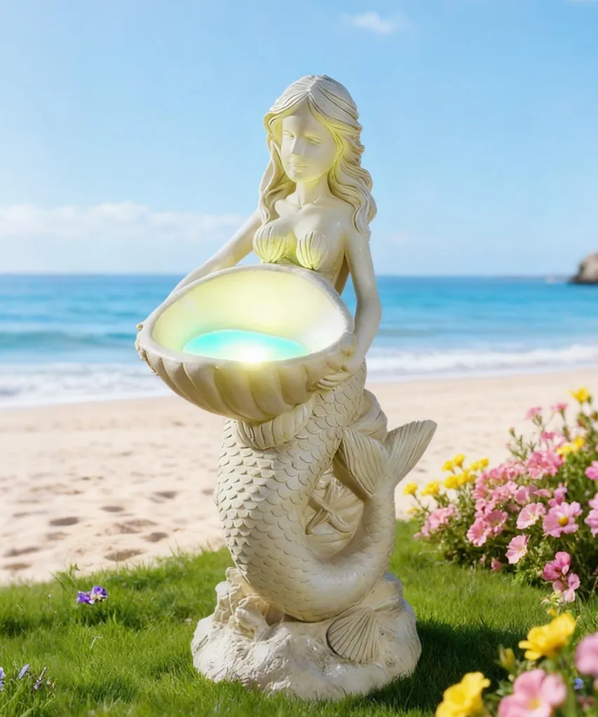 Fontaine bain d'oiseaux sirène solaire - Figurine décorative étanche
