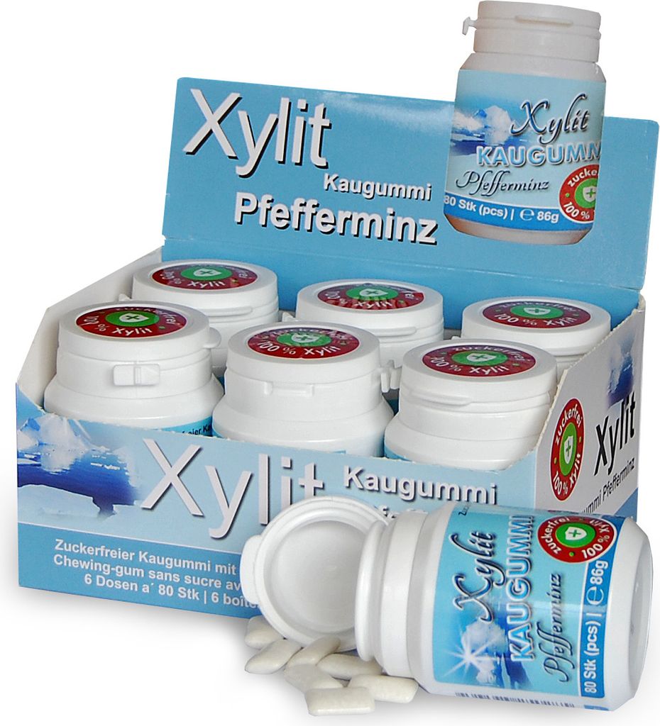Xylitquelle Zahnpflegekaugummi PFEFFERMINZ | 6 x 80 Stk | 100% Xylit für angenehmen Atem | zuckerfrei, vegan, ohne Aspartam | 480 Kaugummis (6er P...