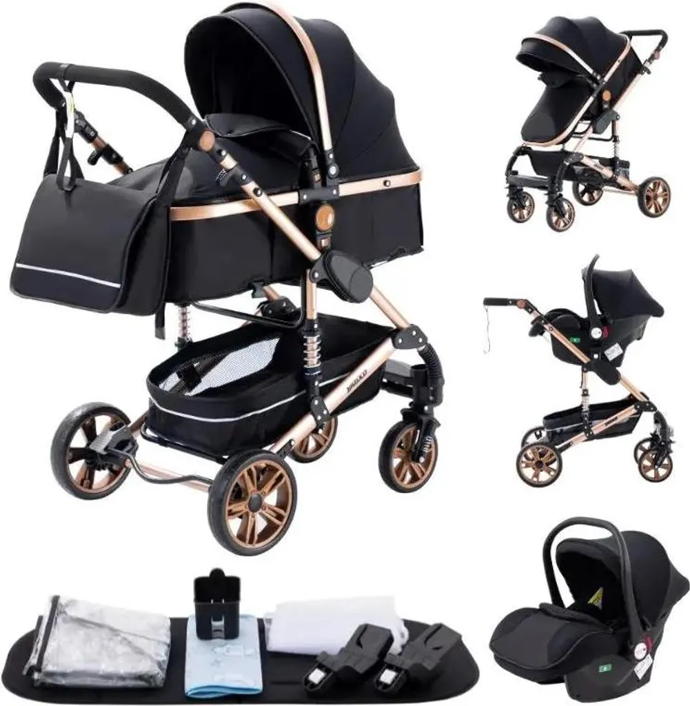 Poussette portable 3 en 1 légère 739, fini les encombrements en Noir Or