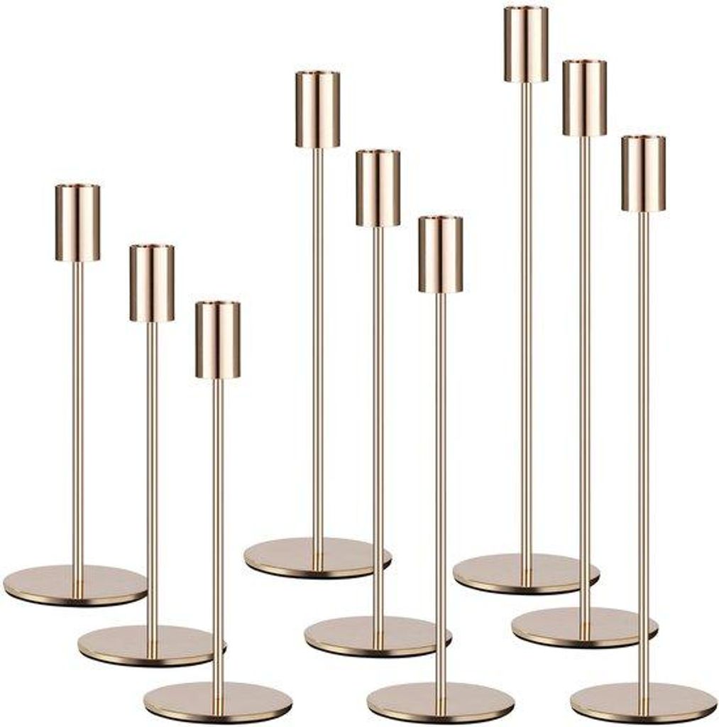 Geschenkset aus 9 goldenen Kerzenständern, Kerzenhalter für spitze Kerzen 33/28/23 cm, dekorative vintage Kerzenständer, hohe metallische Kerzen...