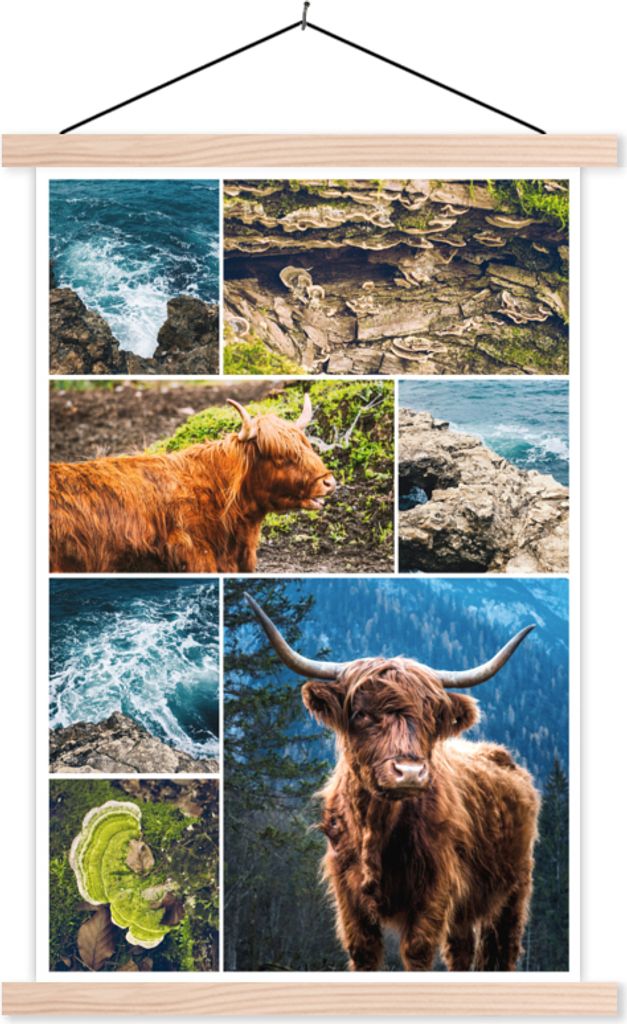 MuchoWow Textilposter Schottisches Hochlandrind - Collage - Tiere 120x180 cm mit holzfarbenen Rahmen - Textil-Plakat