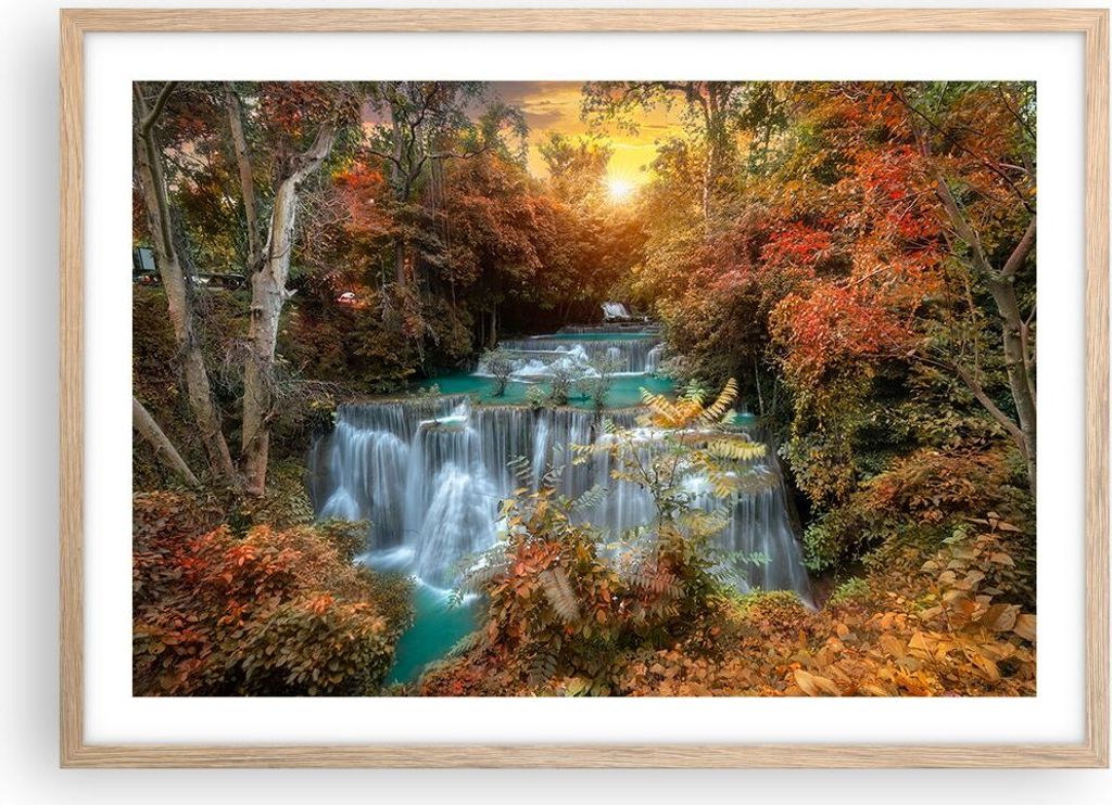 Gerahmtes Poster - Rahmen in heller Eiche - Park Wasserfall Wasser - 70x50 cm - Wand Bild - Wanddeko - Wandbilder - Wandposter - Bilderrahmen - Bil...