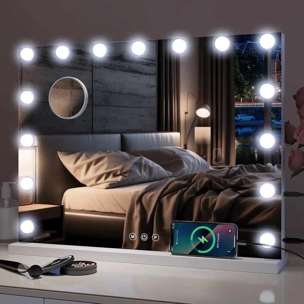 Miroir Maquillage Hollywood : Éclairage Sans Ombre et Port USB de Recharge