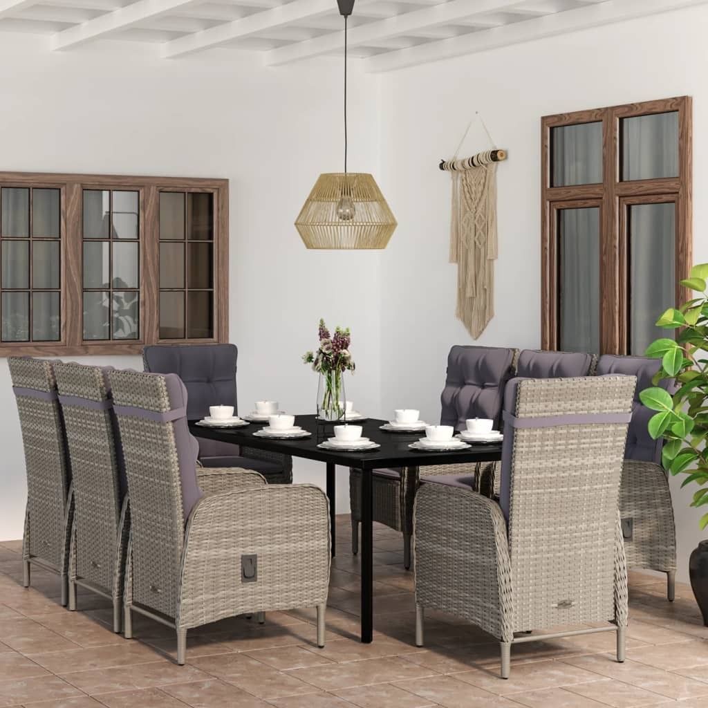 The Living Store 9-tlg. Garten-Essgruppe mit Auflagen Grau und Schwarz
