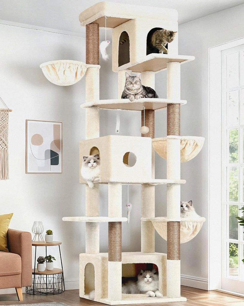 Kratzbaum Beige XXL hoch 204 cm mit 3 Katzenhaus, 2 Große Plattformen,3 Weich Katzenkorb, Luxus Katzenbaum Stabil für 3-5 Erwachsene Katze Ausruh...