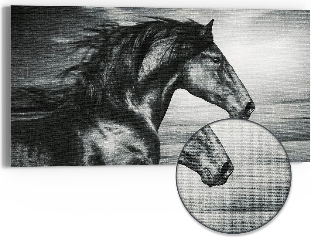 DEQORI Hybrid Leinwand Bild 60x30 cm 'Galoppierendes Pferd' Wandbild Glas flach modern