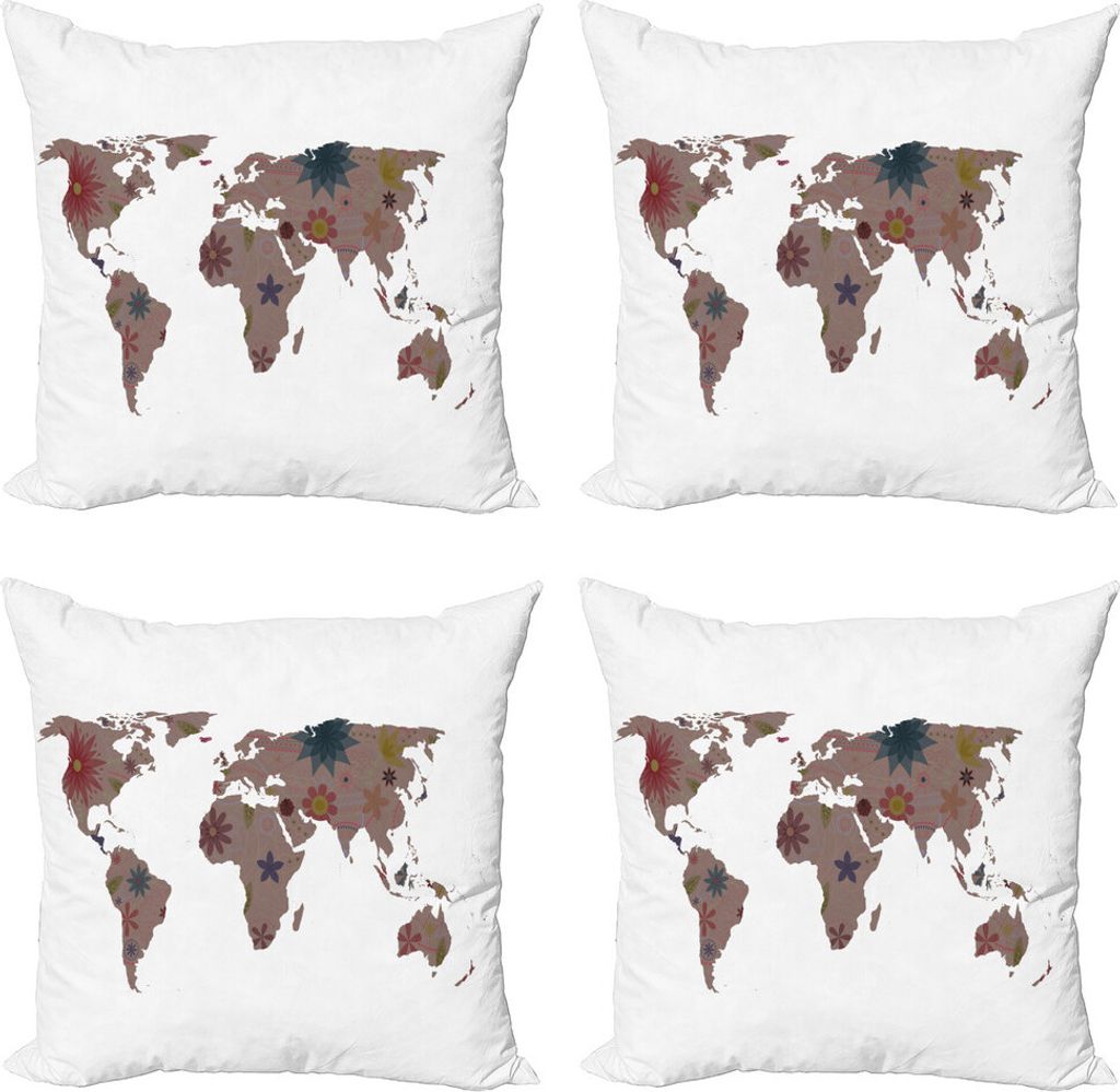 ABAKUHAUS Floral Weltkarte Kissenbezug Set (4 Stück), Vintage Atlas Boho, Moderner Doppelseitiger Digitaldruck, 40 cm x 40 cm, Mehrfarbig