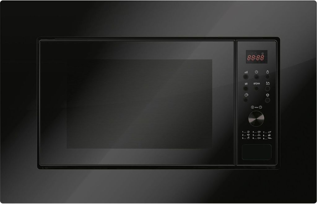 A built-in black microwave with a digital display and control panel.