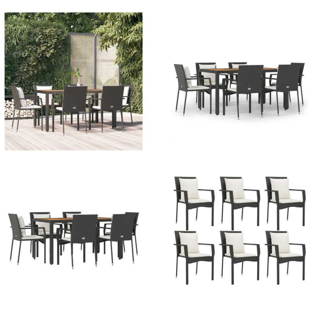 vidaXL 7 tlg. Garten Essgruppe mit Kissen Schwarz Poly Rattan - Garten Essgruppe - Garten Essgruppen - Essgruppe - Essgruppe Terrasse