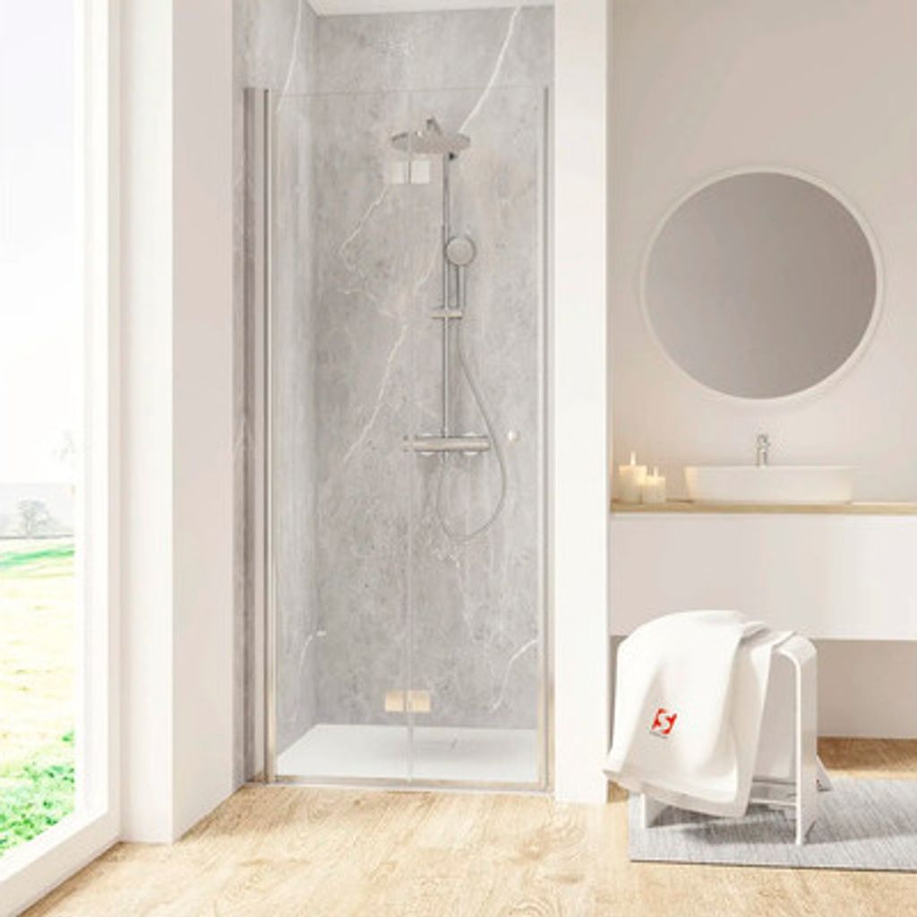 Duschtür in Nische mit Drehfalttür SCHULTE Garant 2.0 ExpressPlus 90 cm Profil chrom Klarglas schmutzabweisende Glasbeschichtung Türanschlag lin...