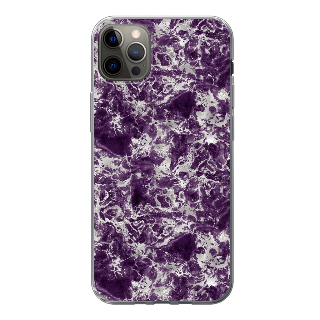 MuchoWow Handyhülle Schutzhülle Hülle für iPhone 12 Pro Max Marmor - Lila - Silber - Muster Silikon Softcase Handy Hülle - Hartschale