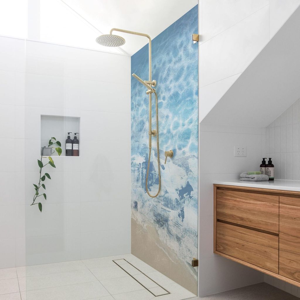 Duschrückwand Strand selbstklebend - 0.35 mm Wandpaneel wasserfest Design blau Maritim Badrückwand fugenlos Smart matt 100x190 cm