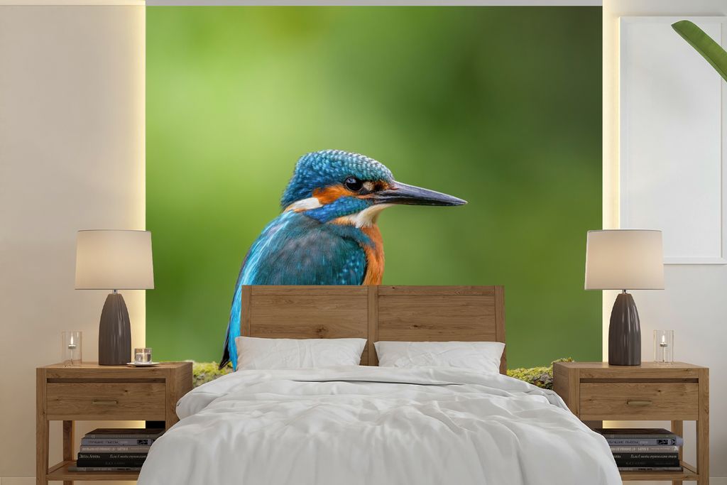 MuchoWow Fototapete für Wohnzimmer oder Schlafzimmer Wandtapete Vinyl Motivtapete Eisvogel - Zweig - Moos - Vogel - Grün - 220x220 cm - Tapeten