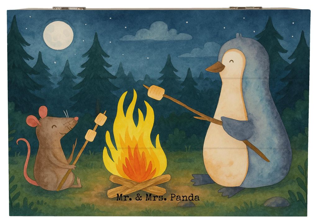 Mr. & Mrs. Panda Holzkiste Pinguin Lagerfeuer Design 22 x 15 cm - Weiß - Geschenk, Geschenkbox, schatztruhe, Holzbox, Grillen, Erinnerungskiste, B...