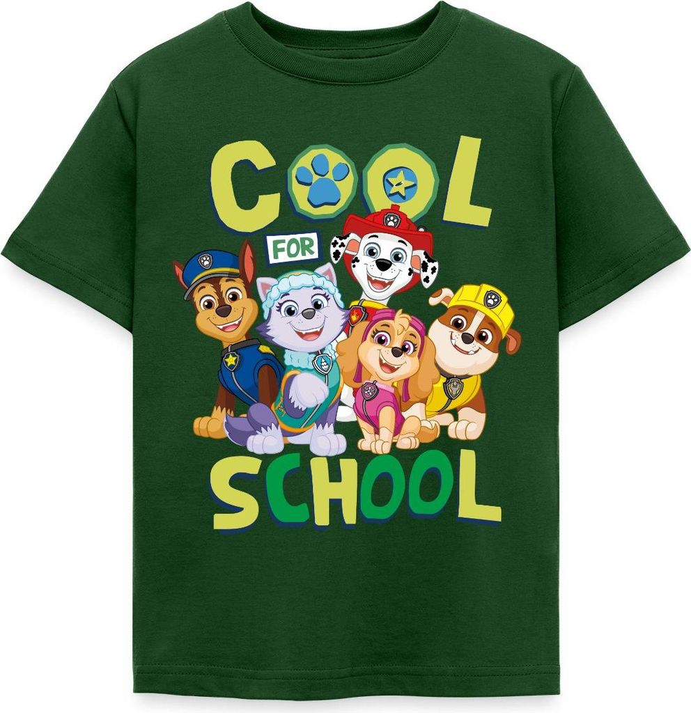 Spreadshirt Paw Patrol Hauptcharaktere Cool For School Kinder T-Shirt, 122/128 (7-8 Jahre), Forstgrün