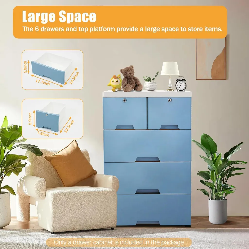 Commode de rangement bleue en PP à 6 tiroirs, charge max de 40 kg - 2