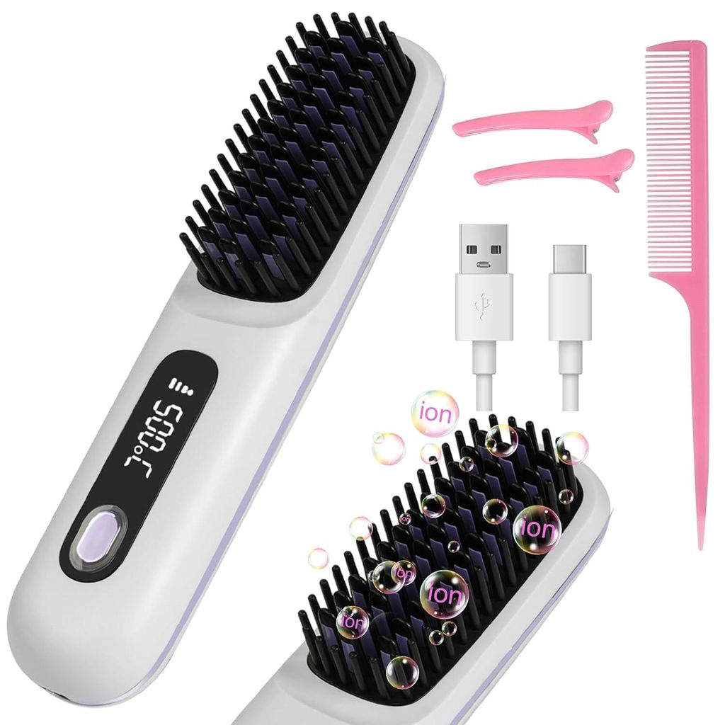LOPHE Glättbürste Kabellos,Tragbare Mini Glätteisen Haarglättungsbürste mit LED-Bildschirm 3-Stufen Temperatur Wiederaufladbar Straightener Br...