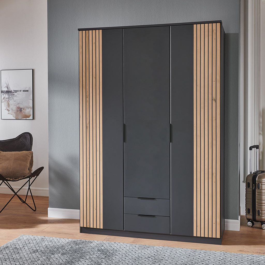 Kleiderschrank 135cm, graphit mit Eiche, LAZISE-43